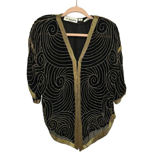 St. Honore Vintage Black & Gold Silk Beaded Flapper Jacket Top - Picture 1 of 8